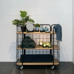 CASA OSLO Étagère Trolley 3 Tablettes Noir, Naturel